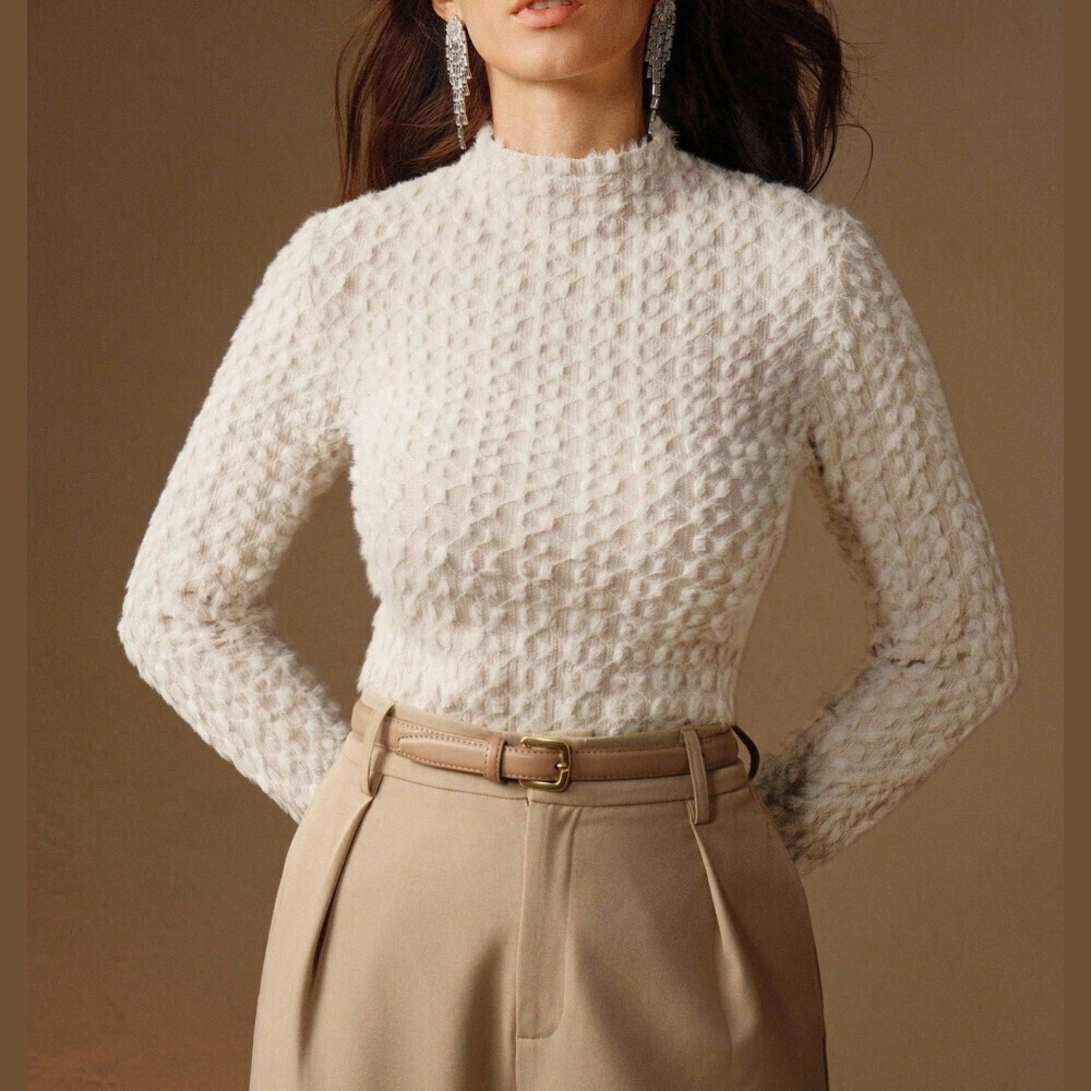 Cream Textured Knit High Mock Neck Long Sleeve Fitted Sweater